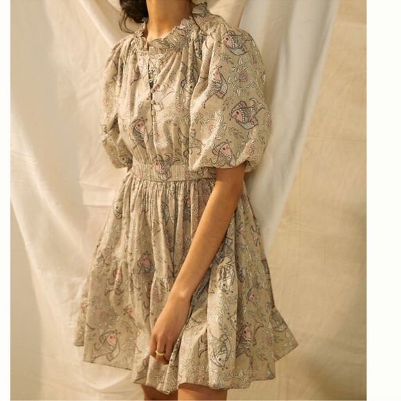 Anthropologie Dresses & Skirts - Let Me Be Anthropologie Celeste Fish Print Peasant Puff Sleeves Mini Dress 14